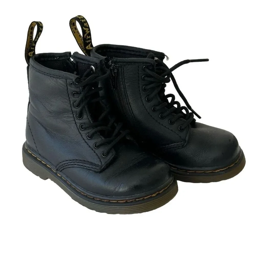 Dr. Martens 1460 J Kids Youth Black Leather Ankle Combat Boots Side Zip Size 8